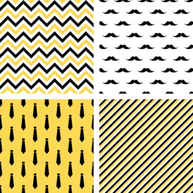 Set of printable vector seamless male patterns Wrapping paper wallpaper Mustaches neckties chevron