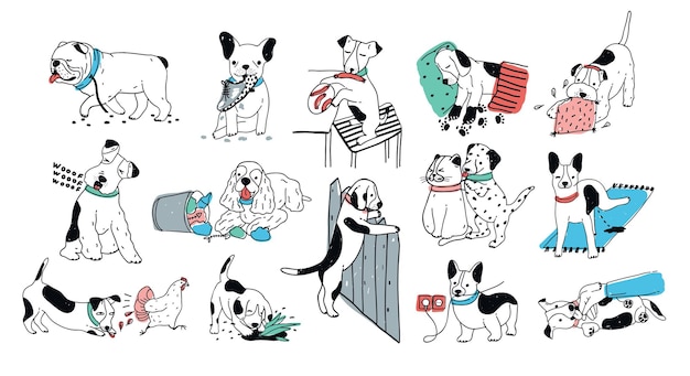 Set of problem with bad dog behaviour collection. Silly puppy barks, run off, goes to the toilet, digs in the garbage. Colorful doodle set. Cute vector hand drawn illustrations on white background.