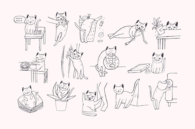 Set di problemi con il comportamento del gatto. gattino miagola, morde, graffia, segna il divano, dorme sui vestiti, va in bagno, scava nella spazzatura, pesca. illustrazione di doodle disegnato a mano carino.