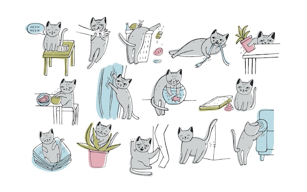 Vector set of problem with cat behavior. kitten meowing, bites, scratches, marks sofa, sleeps on clothes, goes to the toilet, digs in the garbage, fishing. cute hand drawn doodle illustration.