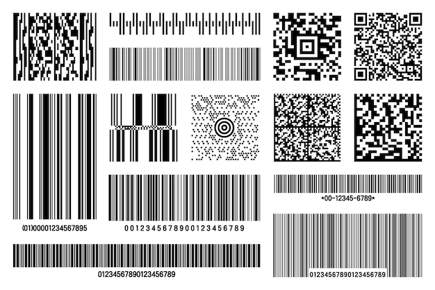 Vettore set di codici a barre del prodotto e codici qr di identificazione codice di tracciamento numero di serie id del prodotto con