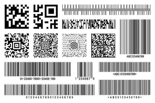 Set di codici a barre del prodotto e codici qr di identificazione codice di tracciamento numero di serie id del prodotto con