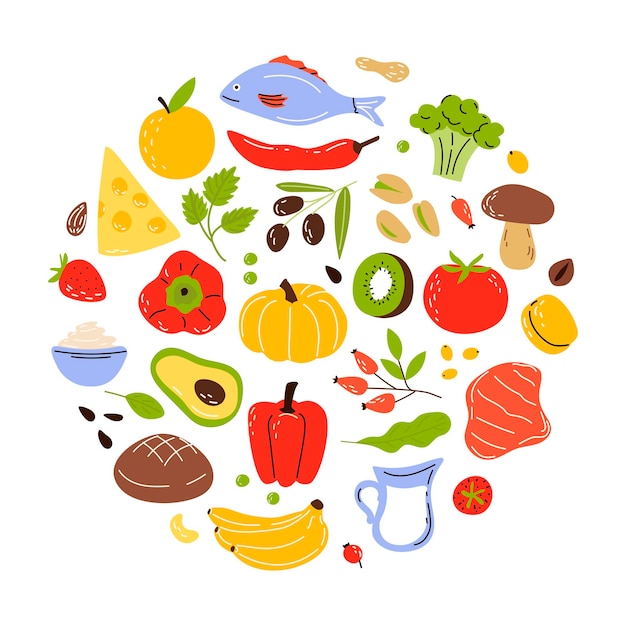 a set of products in a circle healthy food