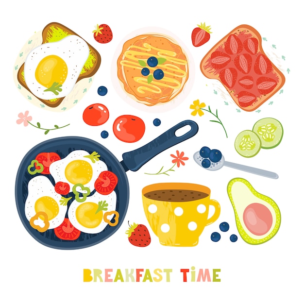 Vector set of products and prepared dishes for breakfast. toast, fried eggs, vegetables, jam, berries, coffee, fruit, vegetables, avocado, strawberries.