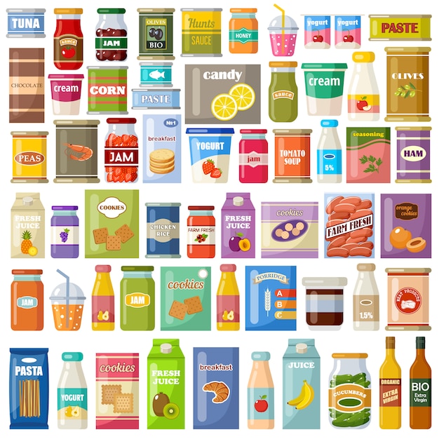 Vector set of products on a white background. grocery. gastronomy. canned food, juice, jam, cookies