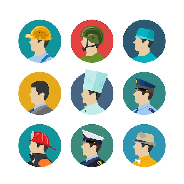 Vector set of profession icons isolated in circle. soldiers and builder, fireman and a cook, a doctor and captain. vector illustration