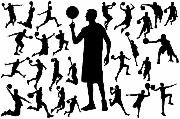 set of professional basketball player silhouettes, logos, icons