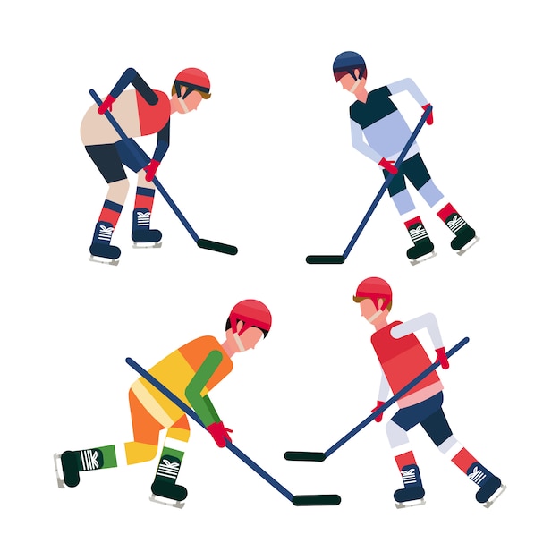 set professional ice hockey players holding stick skating sportsmen collection male cartoon character full length flat isolated