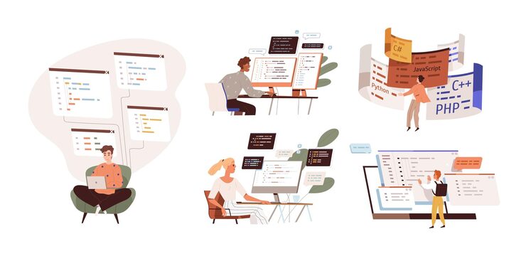 Vector set of programmers working on web development on computers. concept of script coding and programming in php, python, javascript, other languages. software developers. flat vector cartoon illustration.