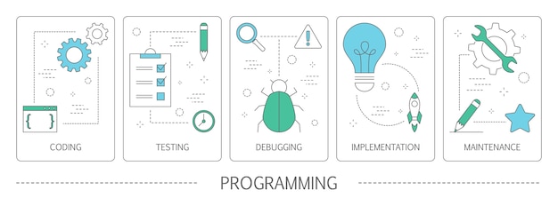 Set di programmazione banner verticali. idea di lavorare al computer, codificare, testare e scrivere programmi, utilizzare internet e diversi software. sviluppo del sito web . illustrazione