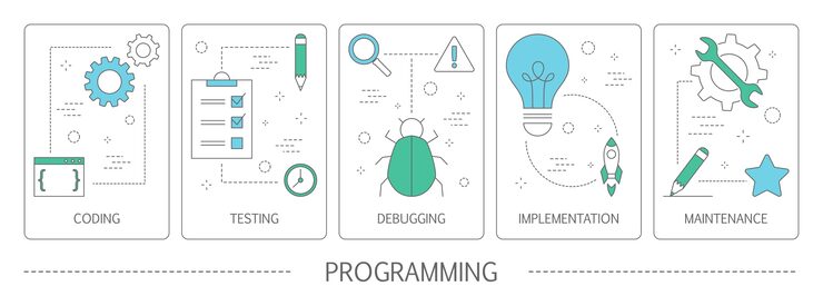 Vector set of programming vertical banners. idea of working on the computer, coding, testing and writing program, using internet and different software. website development .   illustration