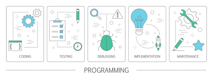 Vector set of programming vertical banners. idea of working on the computer, coding, testing and writing program, using internet and different software. website development .   illustration