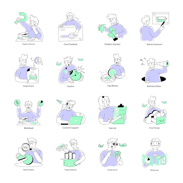 Vector set of project handling doodle mini illustrations