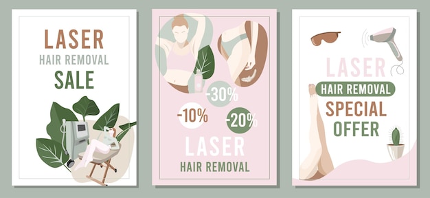 Vector set of promo flyers for laser hair removal, beauty salon. vector illustration for poster, banner.