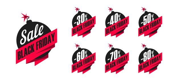 Set of promo tags for black friday with discount percent on bobms sale explosion