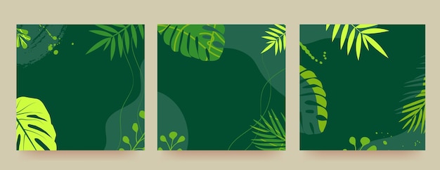 Set of promotional banners with tropical leaves plants and trendy flower patches tropical summer announcement of a new collection discounts on it summer sale vector