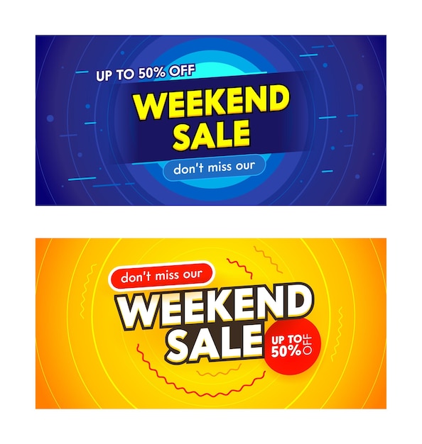 Set of promotional banners with weekend sale typography.