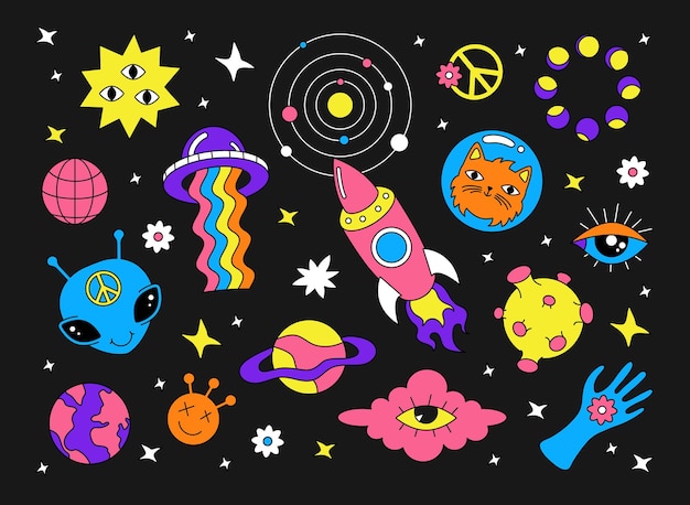 A set of psychedelic retro stickers. Vintage y2k, UFO, alien, space, rainbow. Hippie style