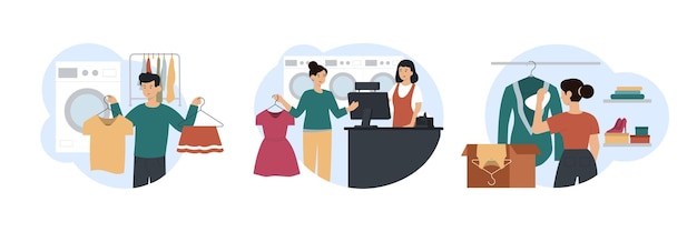 Set of public clothes dry cleaning Man holding Tshirt and skirt on hangers Woman standing at checkout holding dress and consults with cashier Lady dry cleaning clothes Vector flat illustration