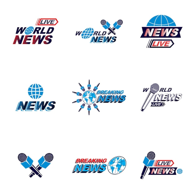 Vector set of public relations concept and press conference theme vector emblems and posters. blue earth, journalistic microphones composed with news writing. news and facts reporting.