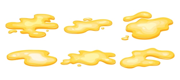 Set of puddle of yellow oil isolated Honey urine or gasoline gold liquid Cartoon style vector