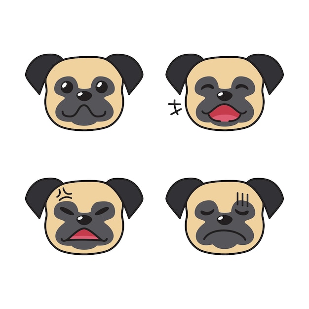 Set di facce di cane pug che mostrano emozioni diverse