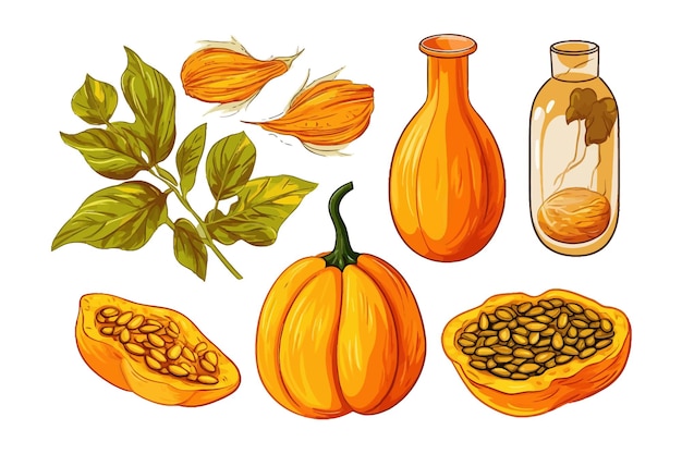 Vector set pumpkin oil seeds and leaf vector cartoon flat elements isolated on background