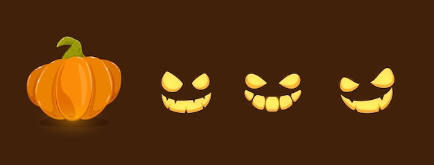 Set di sorrisi di zucca per halloween su sfondo nero set di elementi l'illustrazione spaventosa può essere utilizzata per biglietti di auguri, abbigliamento per bambini o cose, inviti e banner di design