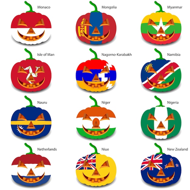 Vector set pumpkins for halloween as a flags of the world vector illustration