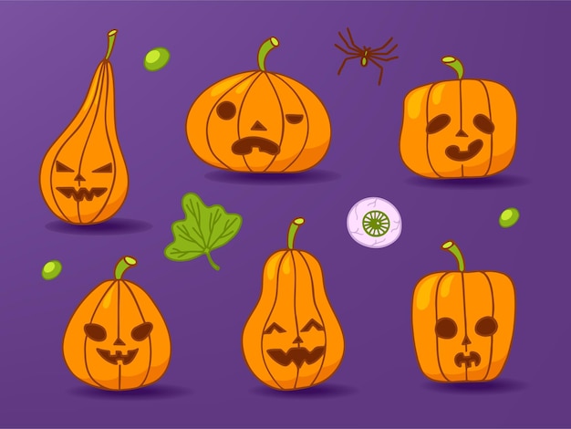 Set of pumpkins for halloween with cut scary joy smile