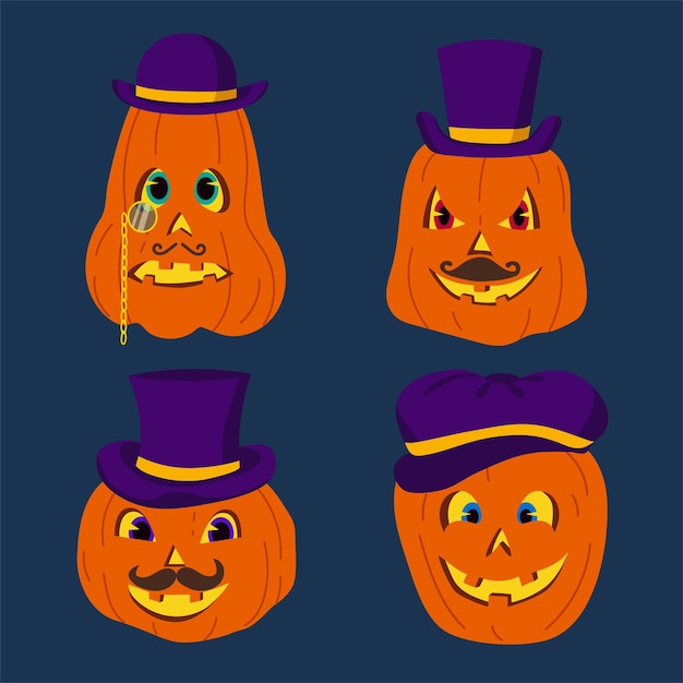 Vector a set of pumpkins in hats of the nineteenth century for halloween