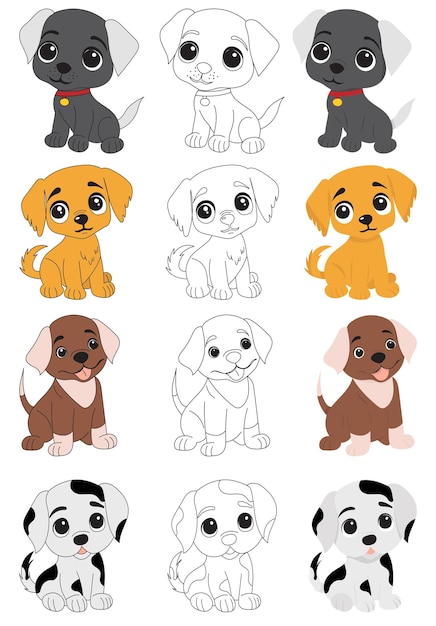 Set of puppies dogs childrens coloring book isolated vector