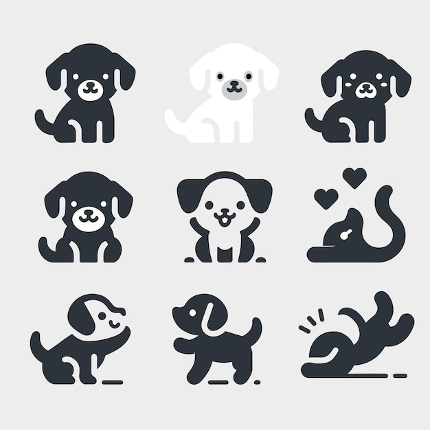 Set puppy-icons in zwarte omtrek op witte achtergrond Zeer eenvoudig ontwerp Geïsoleerde vector-items