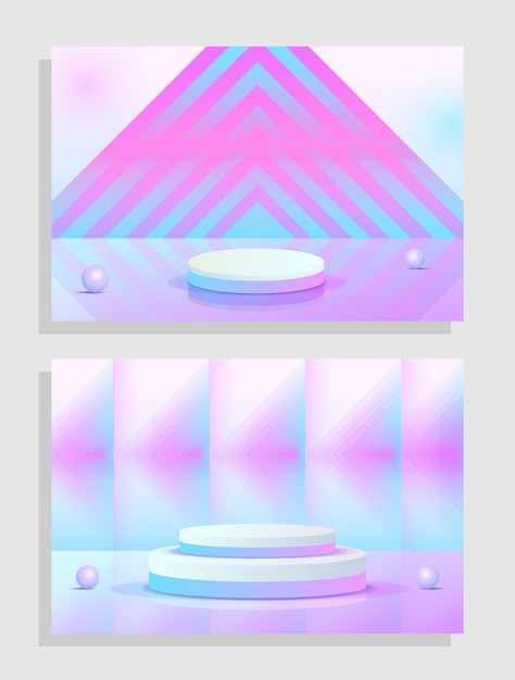 ベクトル 紫、青、紫の 3 d オブジェクト シリンダー台座表彰台表示グラデーション カラーの最小限のシーンを設定します。
