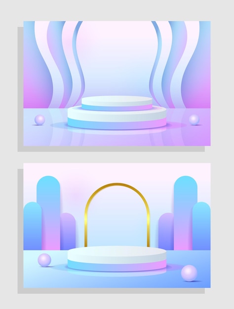 ベクトル 紫、青、紫の 3 d オブジェクト シリンダー台座表彰台表示グラデーション カラーの最小限のシーンを設定します。