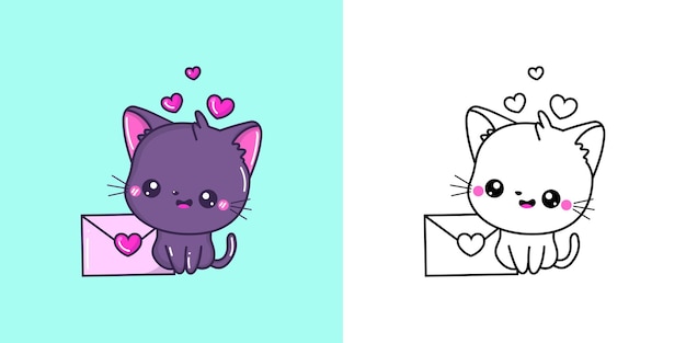 Set Purple Cat Coloring Page and Colored Illustration Clip Art Kawaii Cat