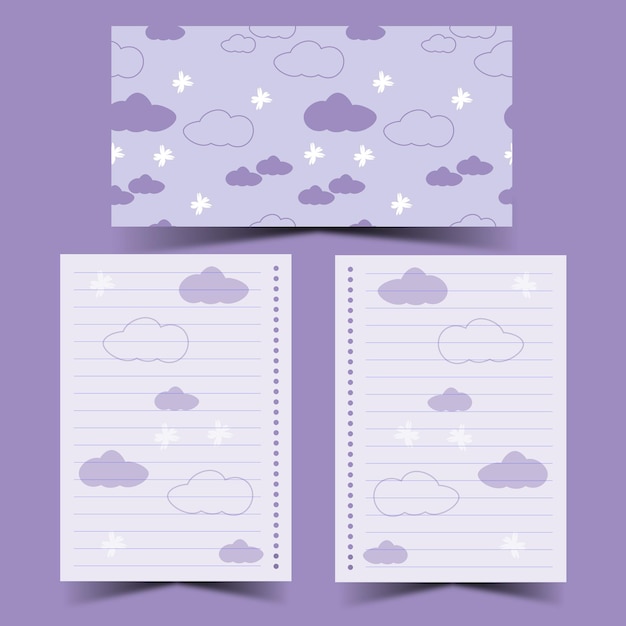 Set of purple design notebook pages and seamless cover in vector illustration