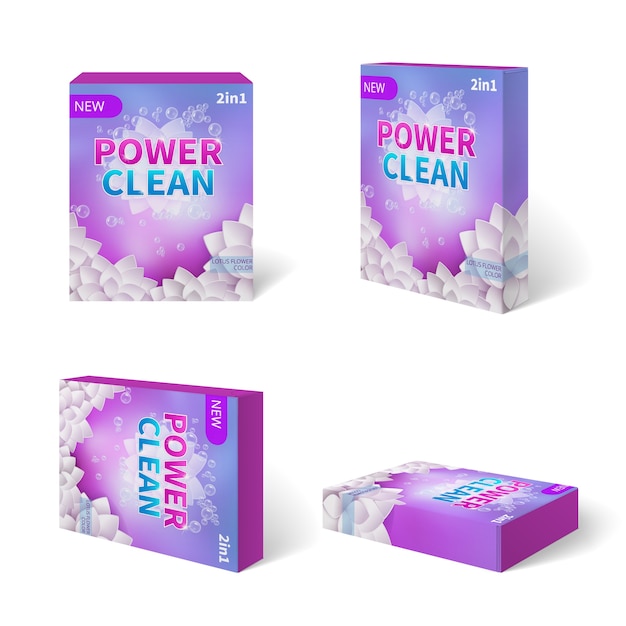 Vector set of purple detergent cardboard package box