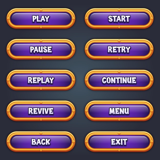 Vector set of purple game buttons for mobile games with editable text effect gui to build 2d games