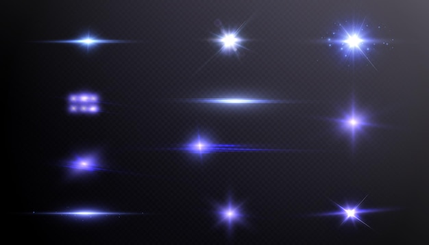 Set of purple glowing light effects isolated on transparent background. light lines. Solar flare.