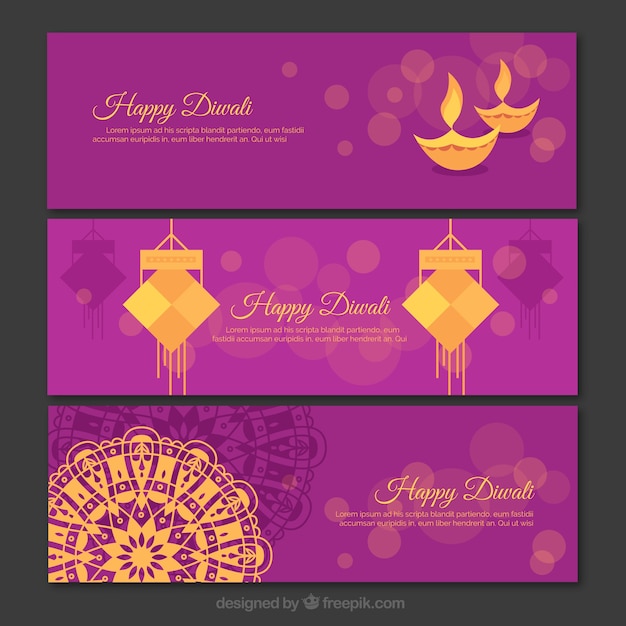 Set of purple and gold diwali banners