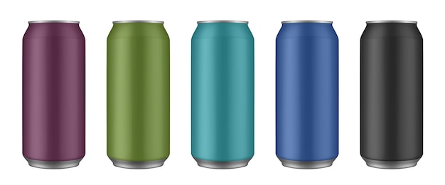 Set of purple green blue and black tin cans of beer energy drink juice or soda Cold beverage