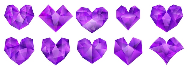 Vector set of purple hearts illustrations of various geometrical shapes made of crystal