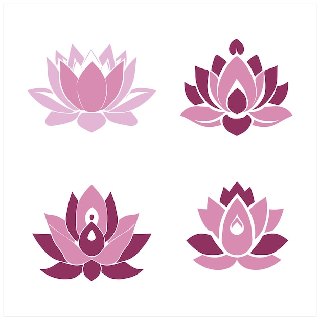 A set of purple lotus flowers on a white background.