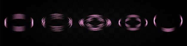 透明な背景に様々なパターンを形成する紫色のネオンライトリングのセット テクノロジー・サイフィーやデジタルデザインの要素に最適です