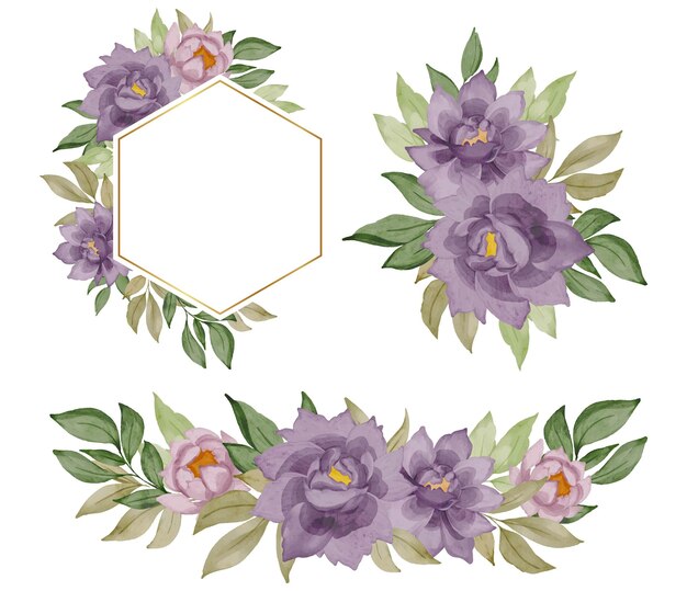 Set of purple rose gold frame watercolor