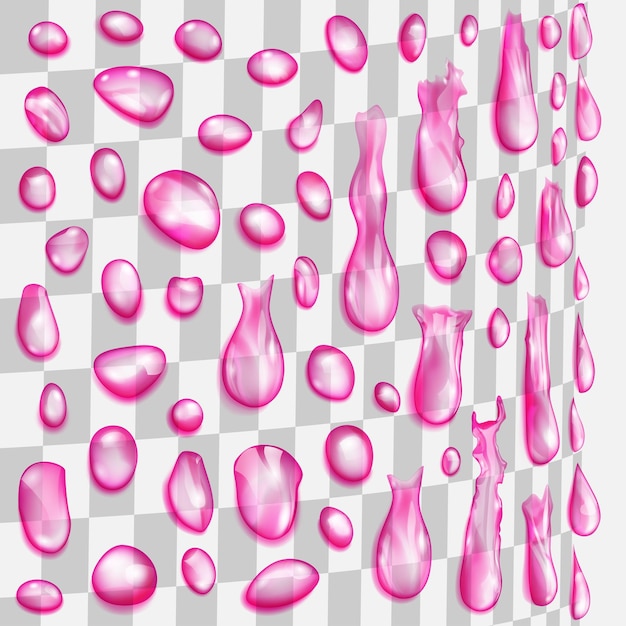 Set of purple transparent drops flowing along a cylindrical surface Drops of different shapes isolated on transparent background