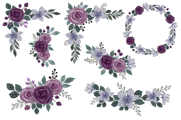 Set of purple watercolor floral frame for wedding card