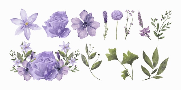 Набор фиолетовых акварельных цветов и листьев