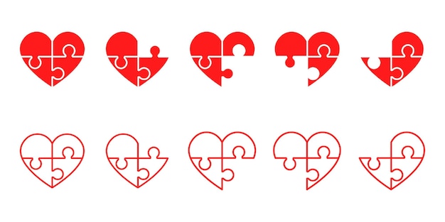 Set of puzzle hearts vector icons. Red hearts puzzle pieces. Together sign.